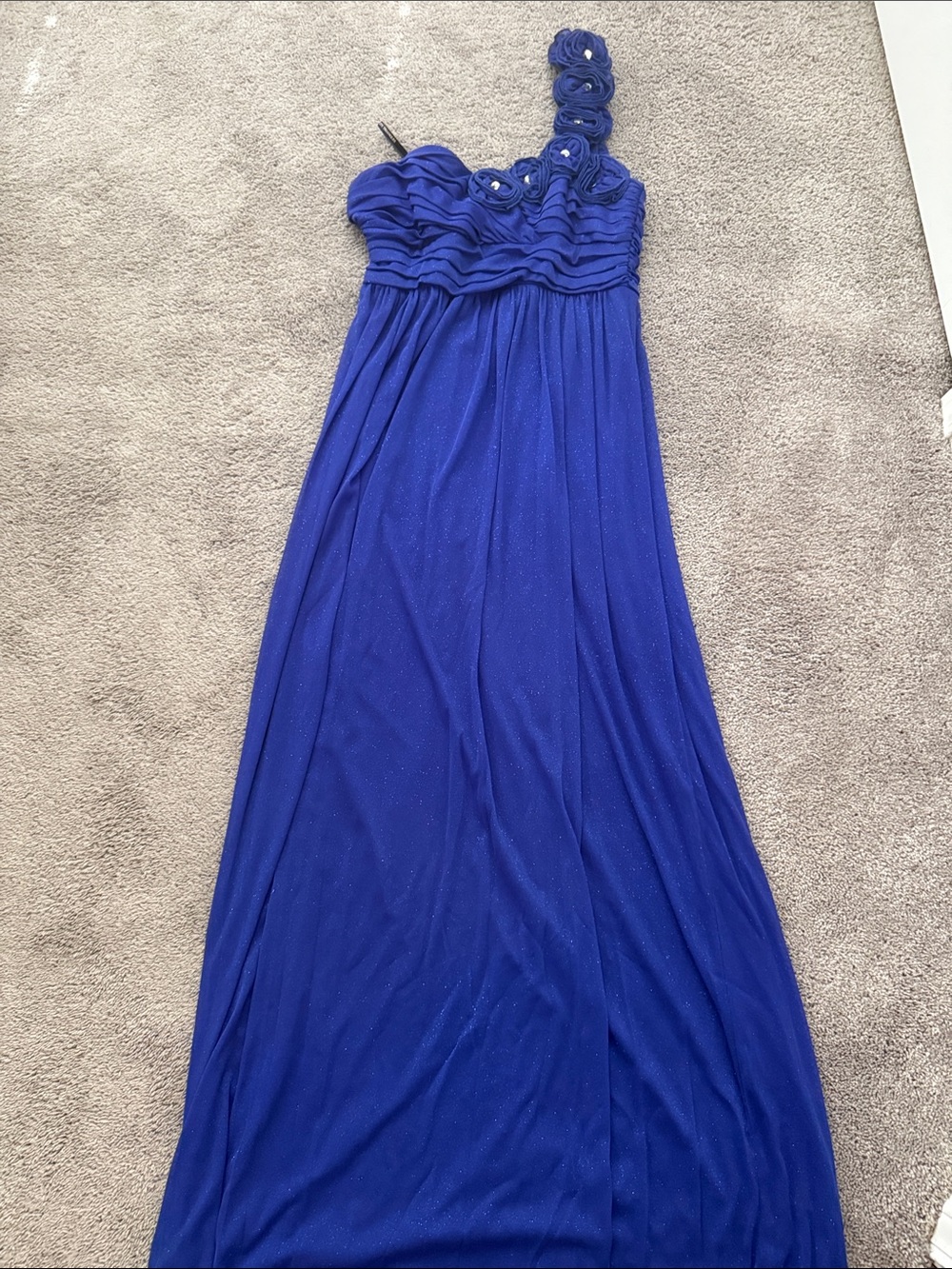 One-Shoulder Royal Blue Evening Gown with Floral Strap